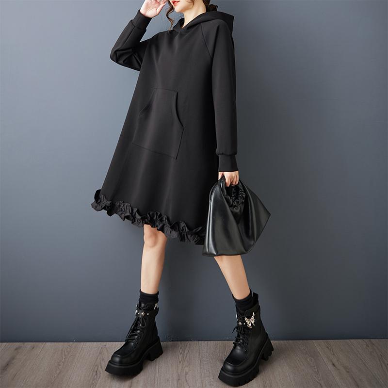 DIMANAF 2025 Women Plus Size Autumn Shirt Dress Long Sleeve Hooded Loose Casual Oversize Vintage Dress Black