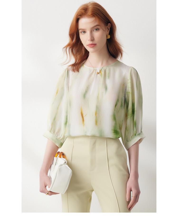 [Silk Horizontal Crepe] 26 Spring/Summer Round Neck Fresh Printed Five Sleeve Mulberry Silk T-shirt Top for Women