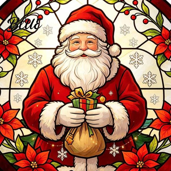 Removable Static Window Film Round Christmas Sticker Stained Glass Style Holiday Storefront Decals Cling Santa Claus Tree PVC Decal for Home Decor