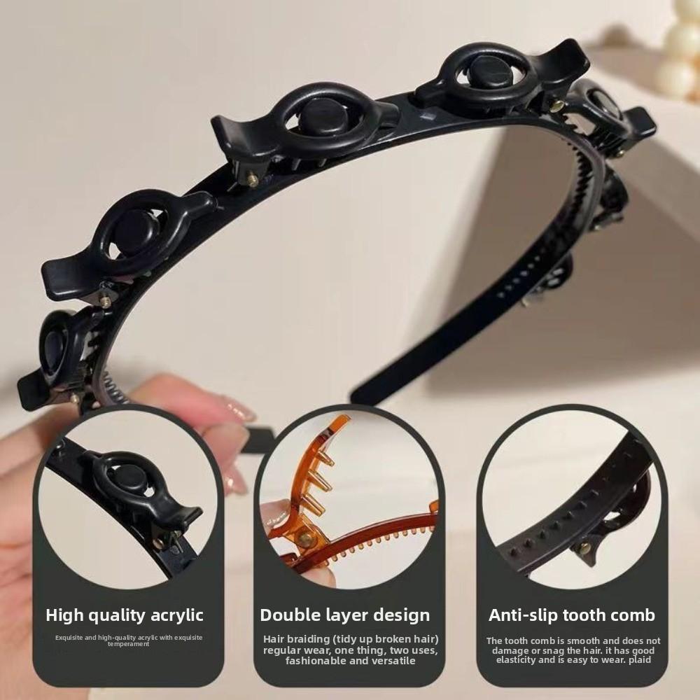 Adjustable Headband with Clips Double Bangs Hoop Design Bangs Hairstyle Hairpin with 8 Clips Multi Layer Toothed Braid Tool