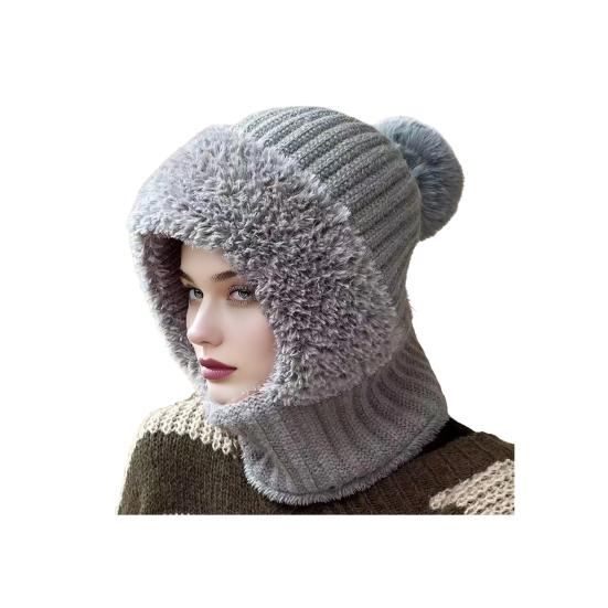 

Шапка с гибкой регулируемой защитой для лица, однотонная, с плюшевым помпоном, утолщенный флисовый слой, теплый дизайн три в одном, шапка, шарф, защита для лица серый