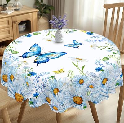1 Piece Of Round And Rectangular Tablecloth With Daisy And Butterfly Print Pattern, Various Sizes, Spring And Summer Floral Design, Tablecloth For Kit