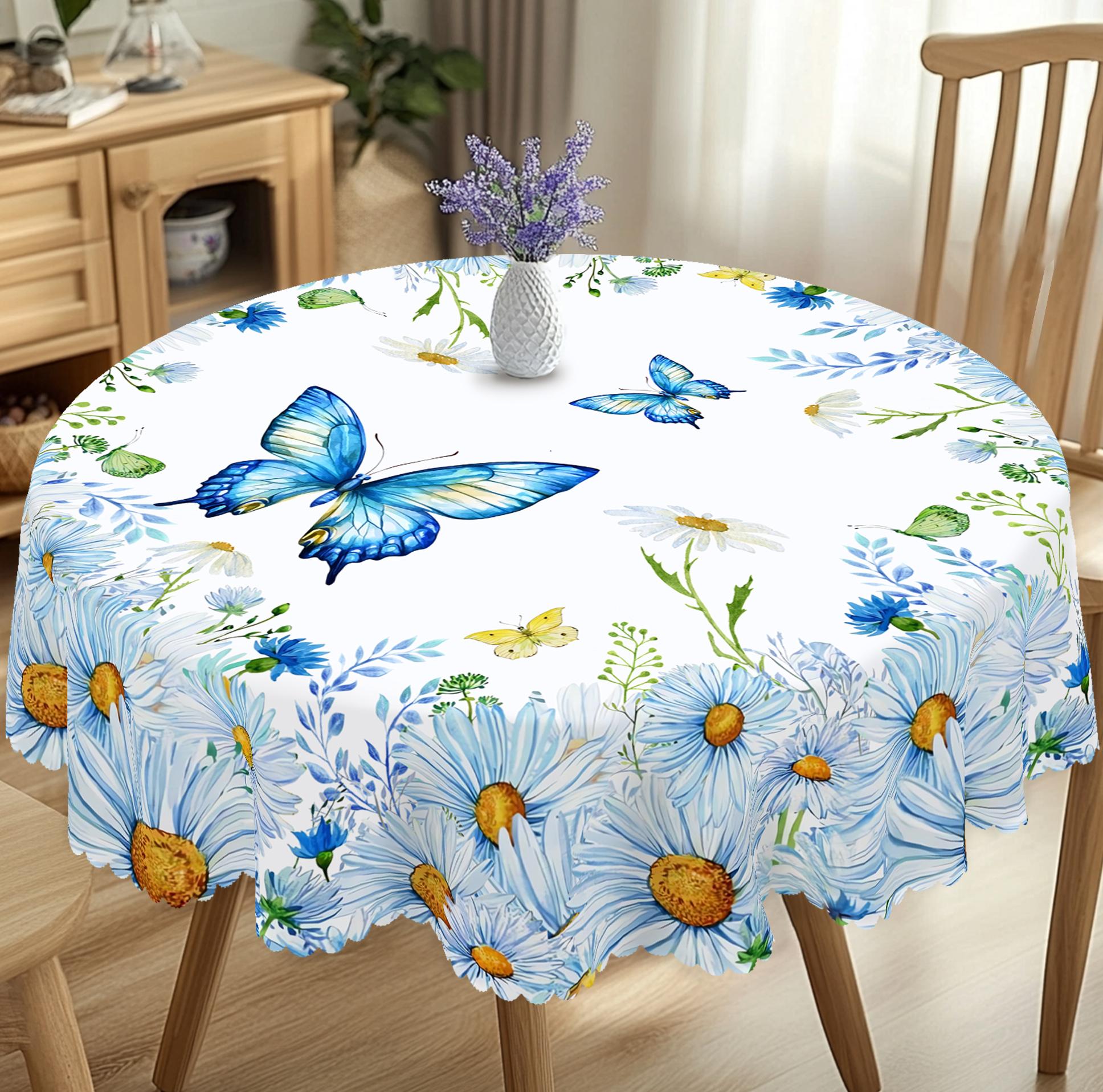 

1 Piece Of Round And Rectangular Tablecloth With Daisy And Butterfly Print Pattern, Various Sizes, Spring And Summer Floral Design, Tablecloth For Kit Round (152)Cm