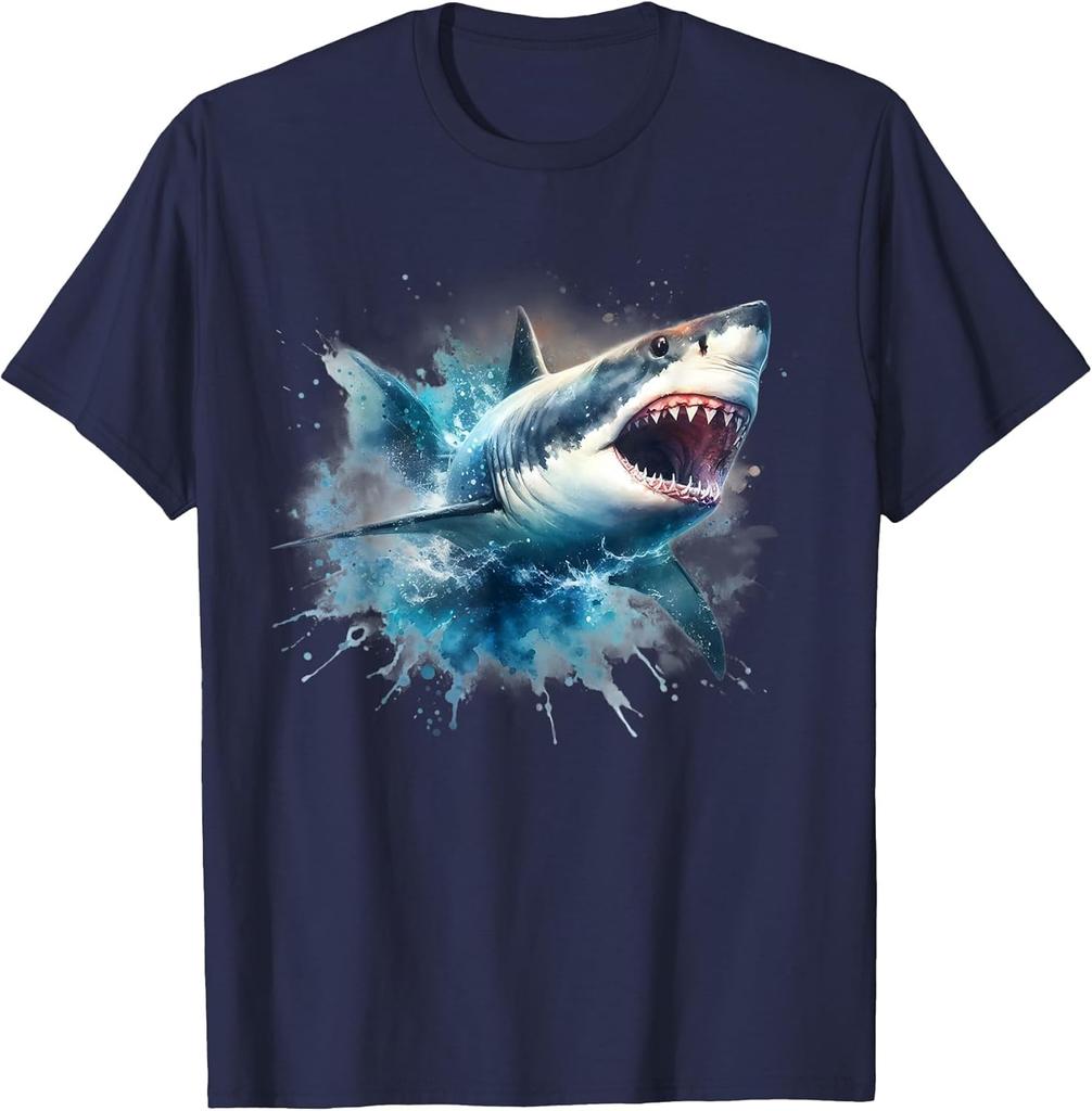 Great White Shark Splashing Water Graphic Tee Breathable Cotton Short Sleeve TShirt
