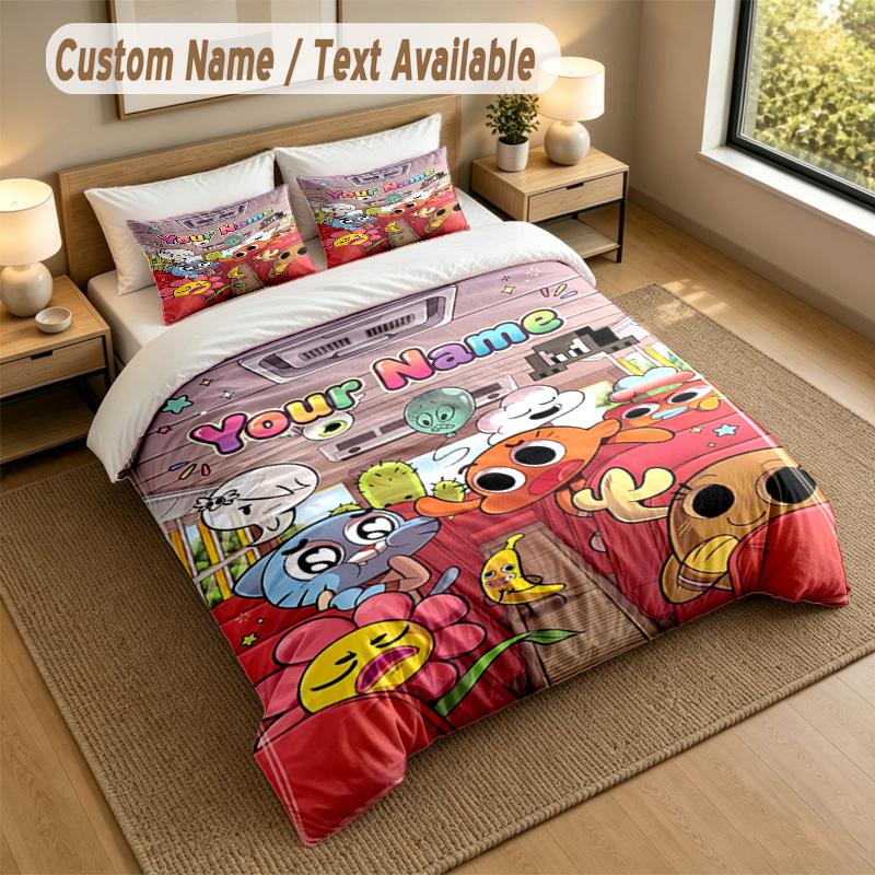 Set Biancheria da Letto 3 Pezzi con Nome Personalizzato, Incredibile Mondo di Gumball 1 Copripiumino 2 Federe Morbide Biancheria da Letto per Regalo