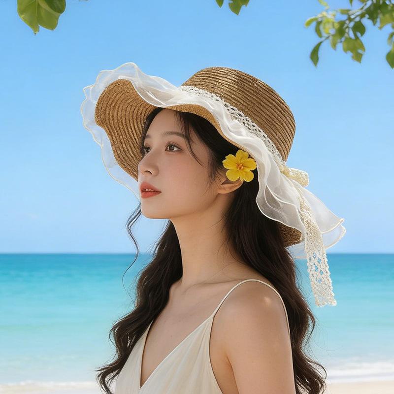 

Summer sunshade UV protection beach hat lace bow sun hat M（56-58cm）