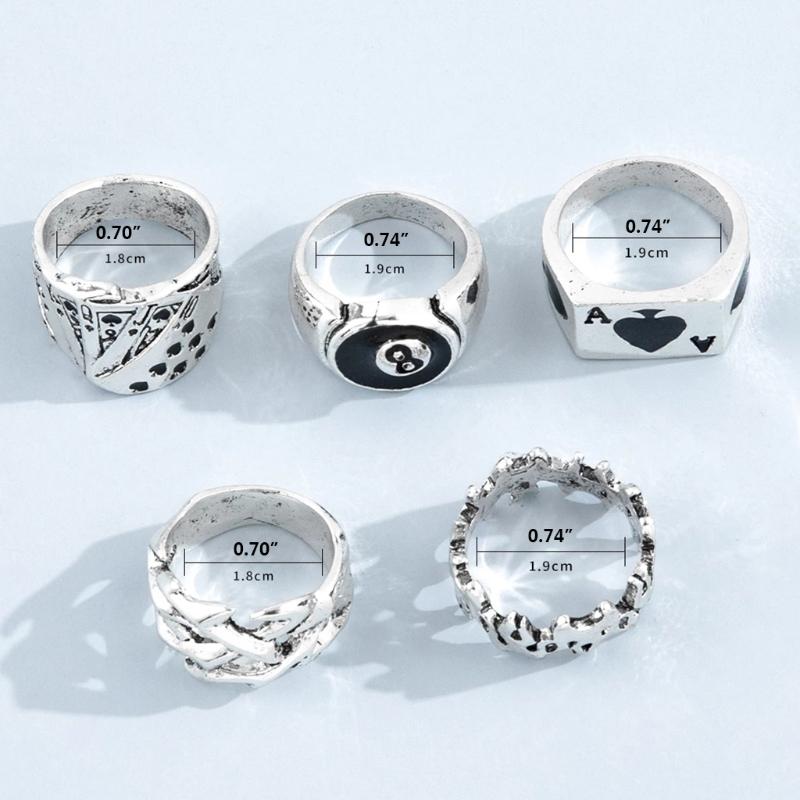 5 Pieces Punk Poker Billiards Rings for Women Funny Goth Hip Hop Retro Fashion Male Couple Birthday Festival Jewelry