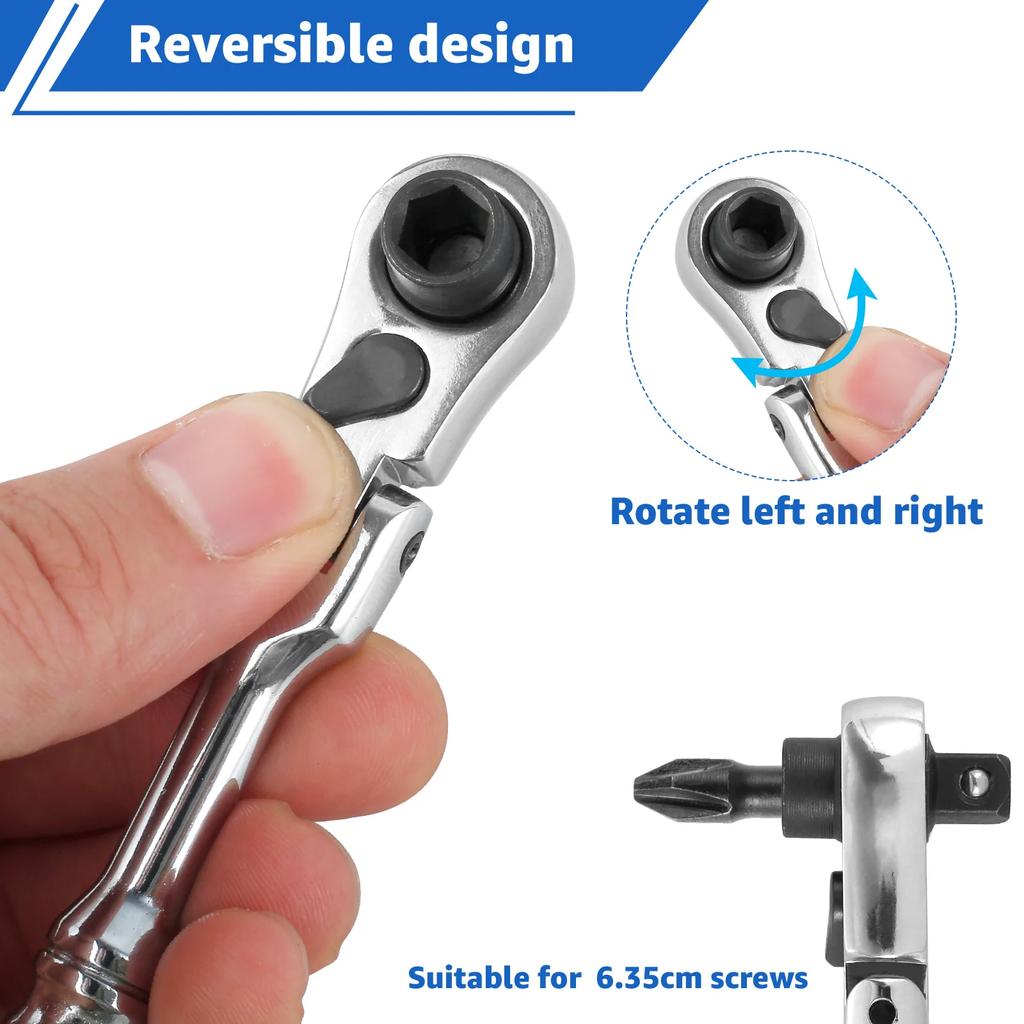 Ratchet Handle Chrome Vanadium Steel 2-in-1 Multi-Purpose Reversible Resilient Head Ratchet Wrench 1/4'' Drive Ratchet Handle