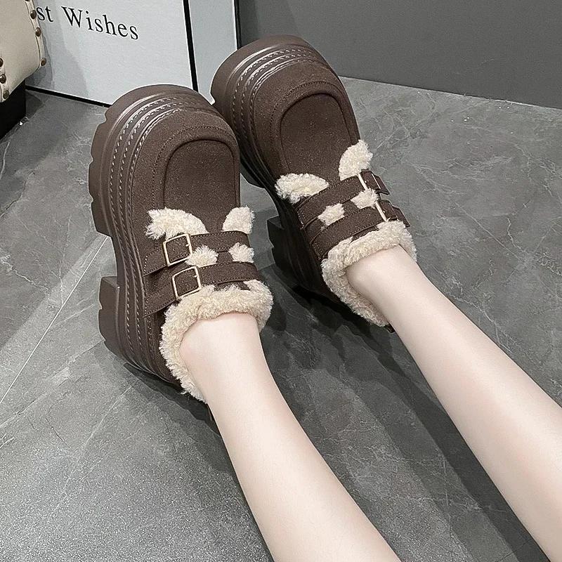 10CM New Winter Chunky Casual Snow Shoes Woman High Platform Wedge Heels Warm Fur Sneakers Fashion Women Buckle Leather Shoes
