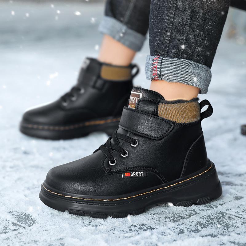 Children's Martin boots velvet boys' winter primary school students black cotton leather shoes 2025 new autumn and winter boys' leather boots