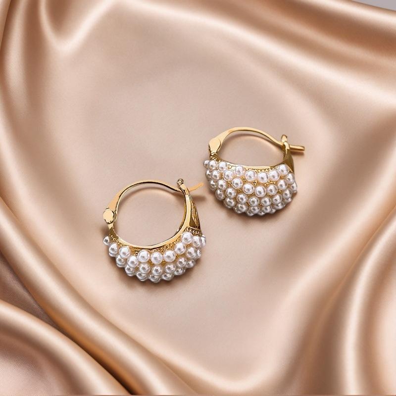 French Retro Gold Color Studded Pearls Flower Basket Droplet-shaped Hoop Earrings for Women Luxury Charm Stud Earrings Zircon золотой