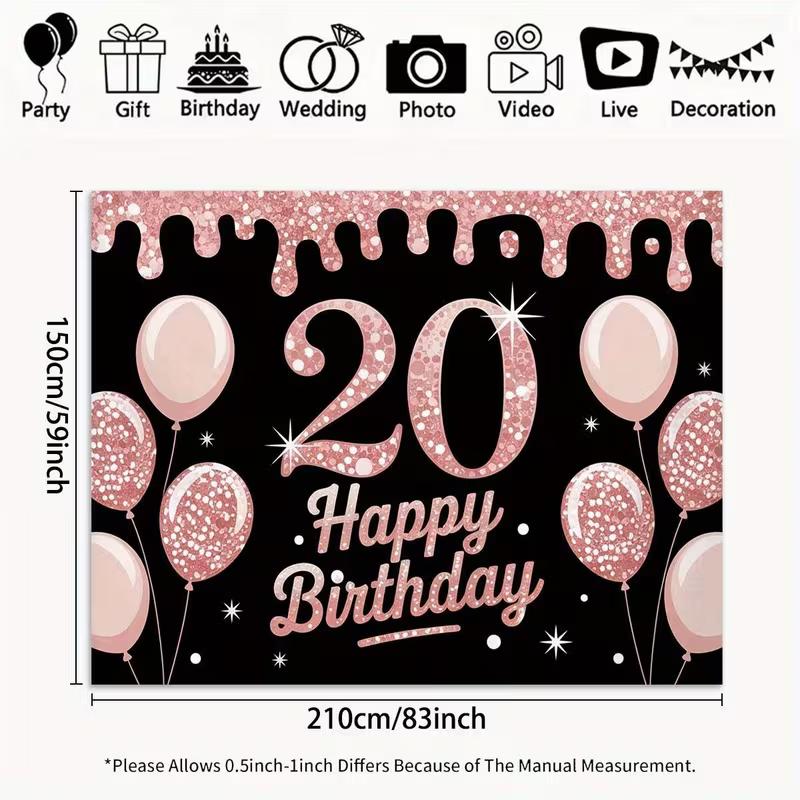 2D 20th Birthday Backdrop for Milestone Celebrations, Rose Gold & Black Themed Parties