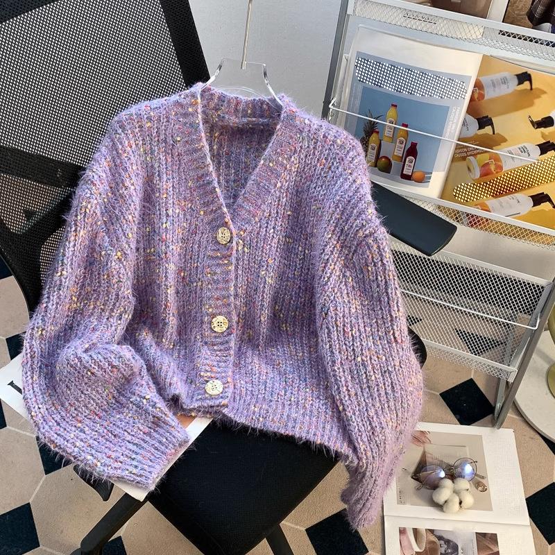 

Женская винтажная куртка-свитер в горошек на осень и зиму, универсальная, ленивая, свободная от ветра, пушистая трикотажная верхняя часть из клеевой нити one size фиолетовый