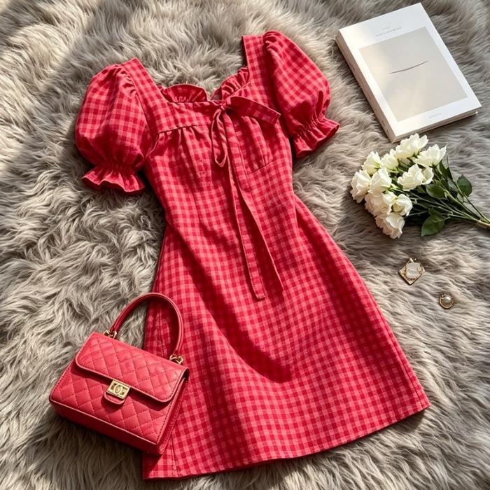 Sweet temperament bubble sleeve dress women s red plaid age-reducing suspender skirt summer new pure desire style S