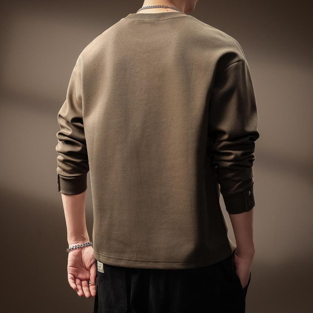 Luxury 300g Heavyweight Men's Henley Collar Pleated Hoodie - Autumn American Trend T-Shirt with Long Sleeves