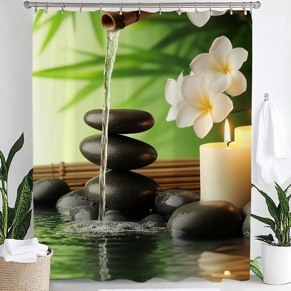 Zasłona prysznicowa Ogród Zen, Kamień, Kwiat, Spa, Japońska Medytacja Łazienka Dekoracyjna Zasłona Prysznicowa, Wodoodporna Zasłona Prysznicowa