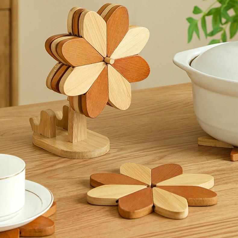 Windmill Foldable Wooden Trivet Creative Heat Resistant Pad for Hot Dishes Pots Bowls Cups Table Mat