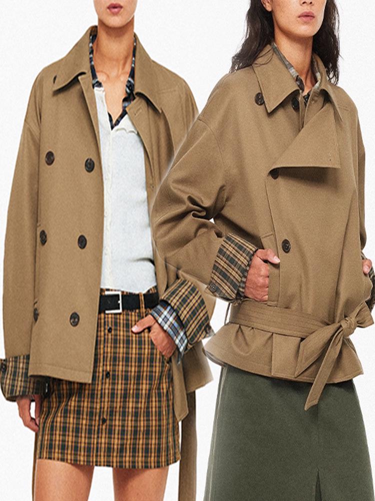 Vintage Double-Breasted Plaid Trench Coat for Women
