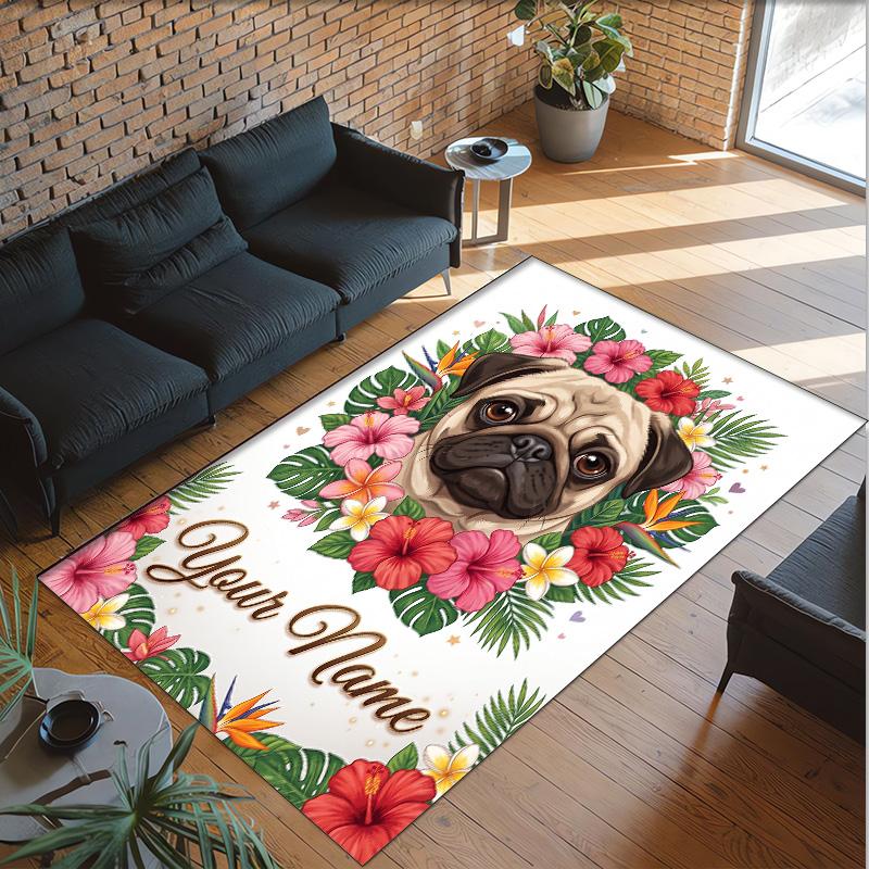 Pug Theme Crystal Velvet Floor Rug Personalized Custom Name Text Warm Carpet Home Decoration