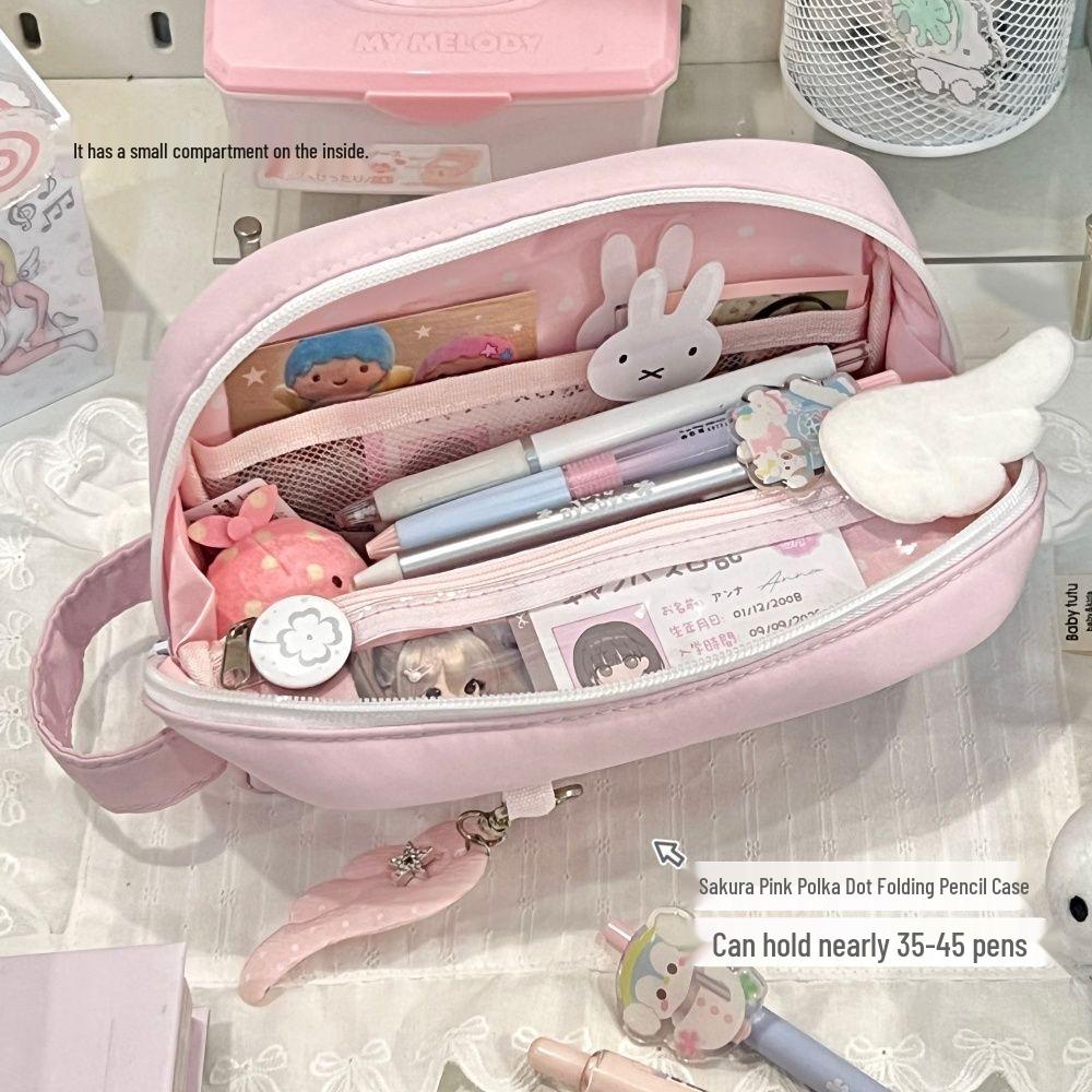 Cherry Blossom Pink Polka Dot Foldable Pencil Case – Stylish and Cute Student Stationery Bag