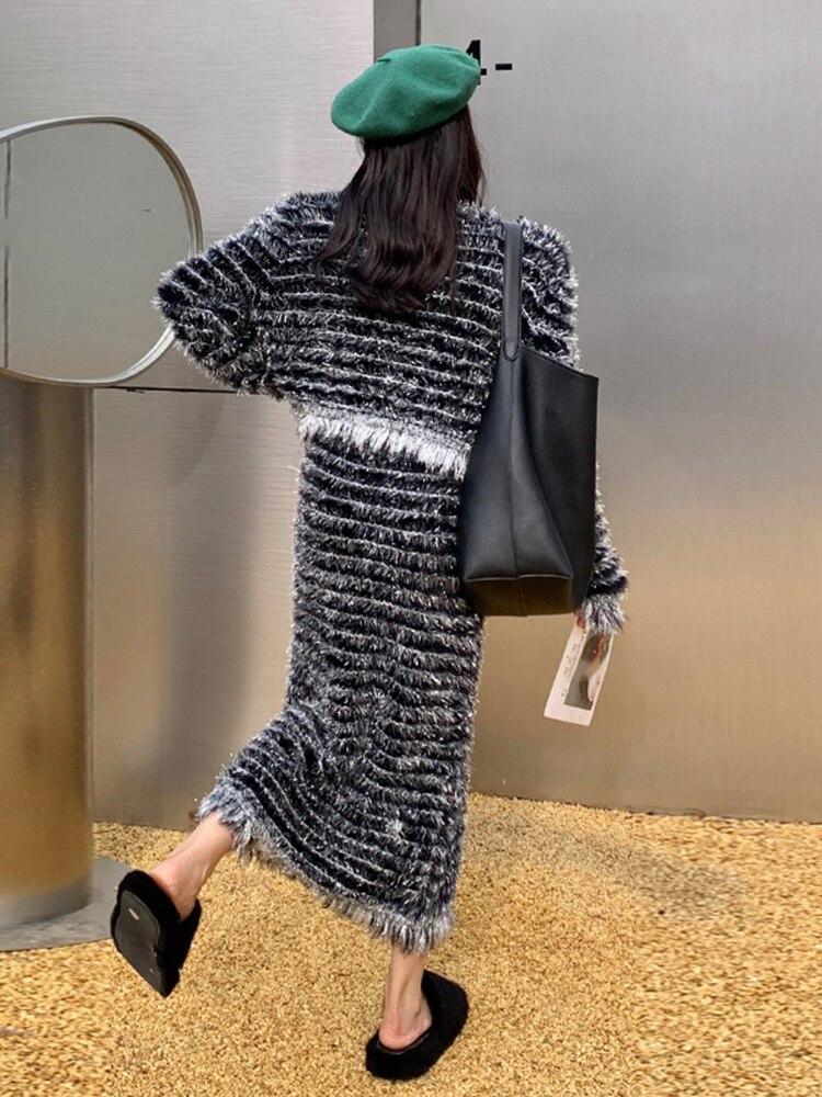 Xitao Knitted Two Piece Set Tassel Striped Full Sleeve Top Skirt Women FBB1498