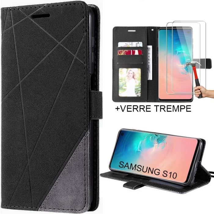Coque et Verres Trempés - pour Samsung - S10 - Anti-Rayure - Antichoc - Effet Cuir Noir