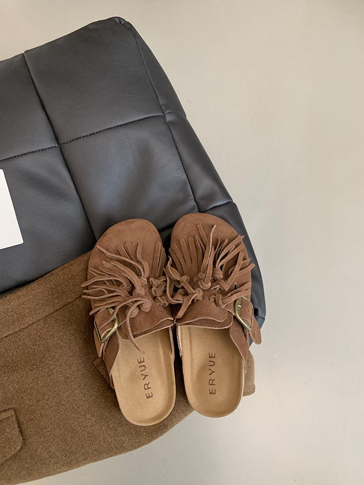 Fashion Genuine Leather Tassel Baotou Half Slippers Women Clogs Cork Insole Sandals With Arch Support Outdoor Beach Slides Home Shoes