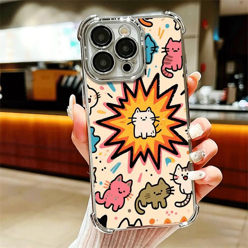

Cartoon Cute Cats Theme Plating Phone Case For Iphone 16 17 Pro Max Air 16E 14 15 Plus 12 13 Mini Anti-Fall Airabag Cover iPhone 12