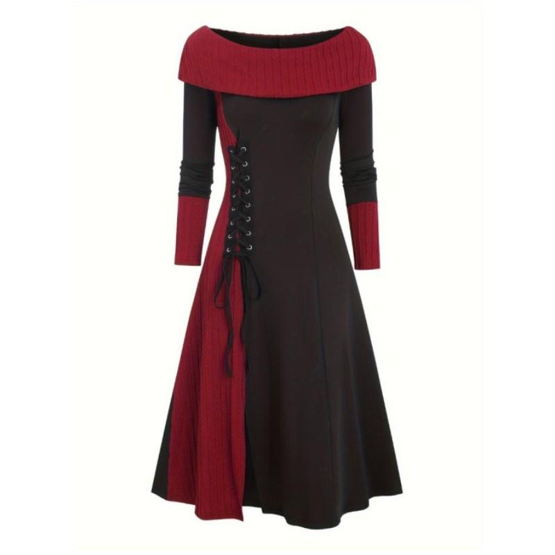 

Women s Spring and Autumn One Collar Color Contrasting Dress 2XL чорний