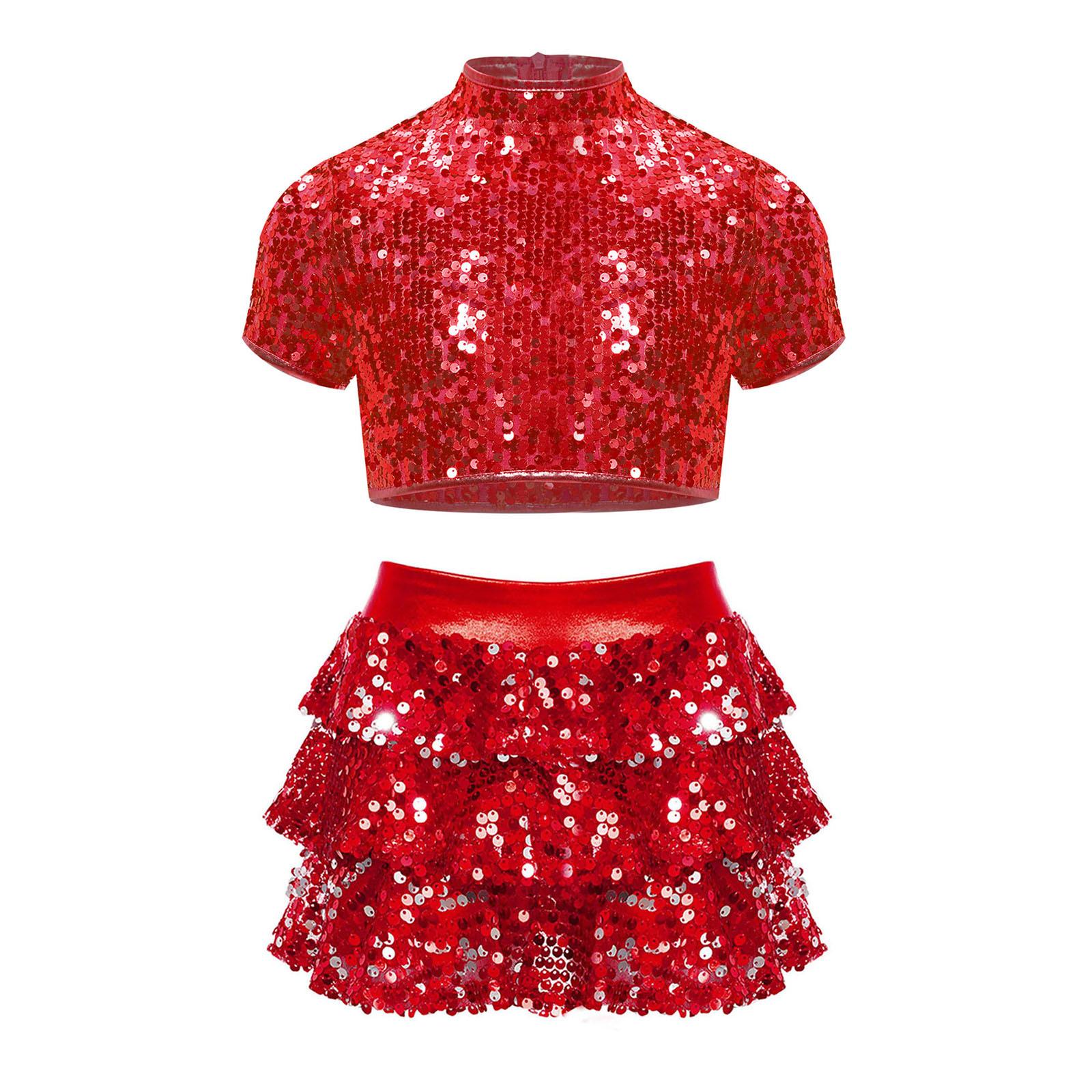 

Костюм для черлідингу для дівчаток, танцювальний, з коміром-стійкою, коротким рукавом, блискучими паєтками, кроп-топ, шорти з ярусами воланів 5-6 Years червоний