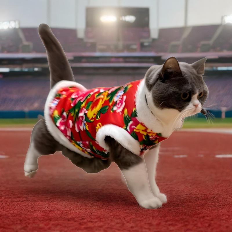 New Chinese Style Floral Cotton Clothes for Small Dogs & Cats - Autumn/Winter Wear