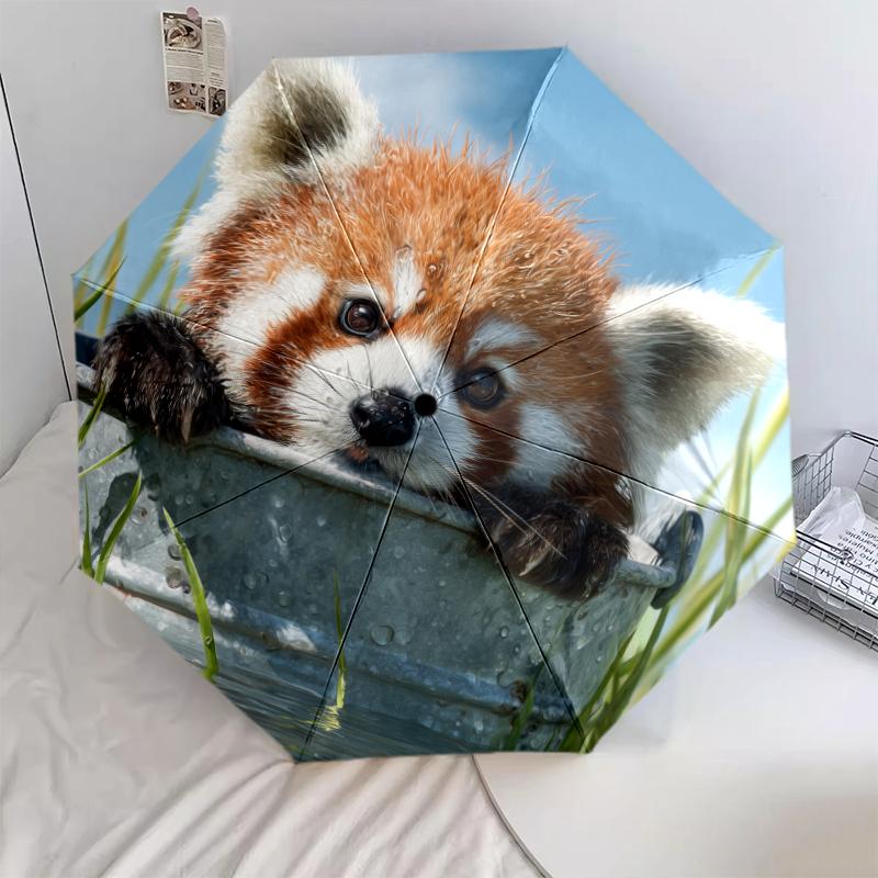Fantasia Panda Rosso, ombrello pieghevole automatico, design portatile e pieghevole, 8 stecche, un regalo di Natale o di compleanno.