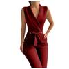 Womens Fashion Color T Wist Button V-Neck Sleeveless Slim Fit Business Jumpsuit