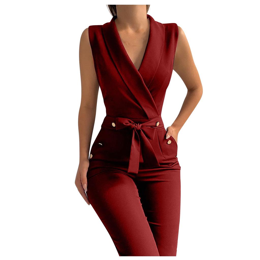Womens Fashion Color T Wist Button V-Neck Sleeveless Slim Fit Business Jumpsuit