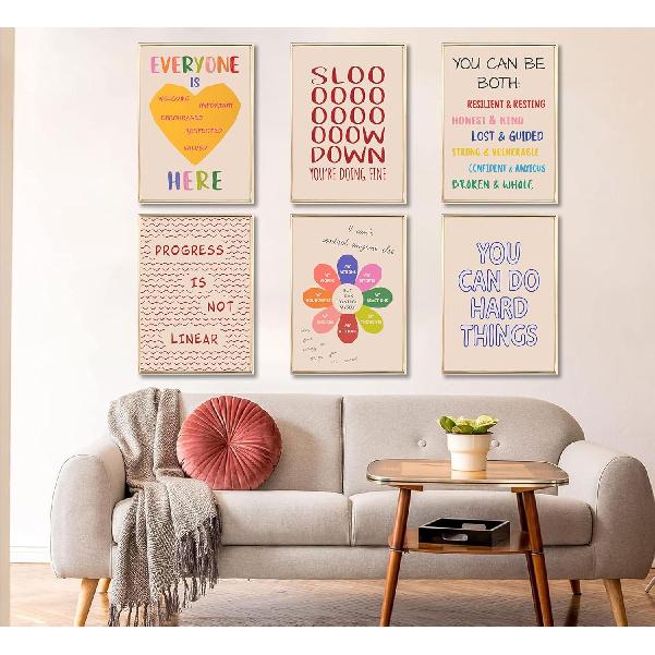 6Pcs Mental Health Wall Art Therapy Office Wall Decor Classroom Poster Motivational Pirational Quotes Pictures Boho Painting Positive Artwork Canvas
