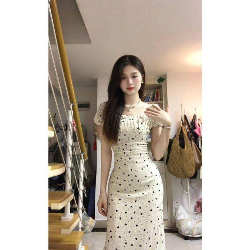 Summer French-Style Elegant Square-Neck Polka-Dot A-Line Dress for Women, New Slim-Fit, Gentle Style Puff-Sleeve Dress Apricot S