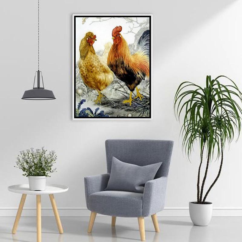 Pictură cu diamant complet rotund, cocoș, găină, pui, broderie cu diamante, cu punct de cruce, mozaic, imagine cu stras pentru decorarea casei