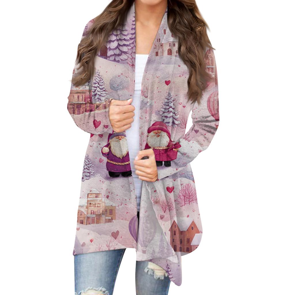 Women's Fashion Christmas Print Jacket Long Sleeve Casual Cardigan Coat