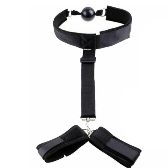 Mouth Ball Gag Faux Leather Strap Chained Nipple Clamps BDSM Neck Collar Back Handcuffs Plug Bead