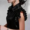 Women Shirt Lapel Ruffle Short Sleeve Single Breasted Shirt Tops Pure Color Smooth Satin