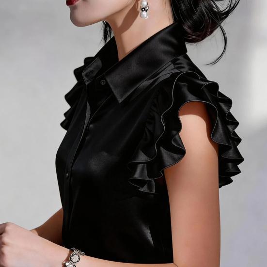 Women Shirt Lapel Ruffle Short Sleeve Single Breasted Shirt Tops Pure Color Smooth Satin