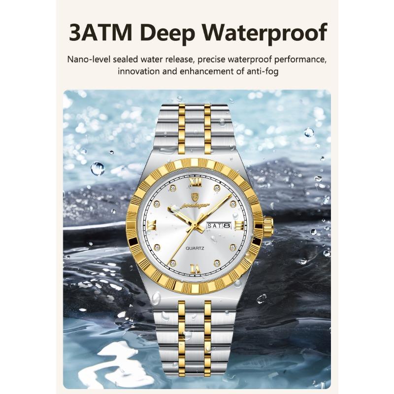 POEDAGAR Luxury Business Male Watch Waterproof Luminous Week Date Wristwatch Stainless Steel Trendy Quartz Watches for Men