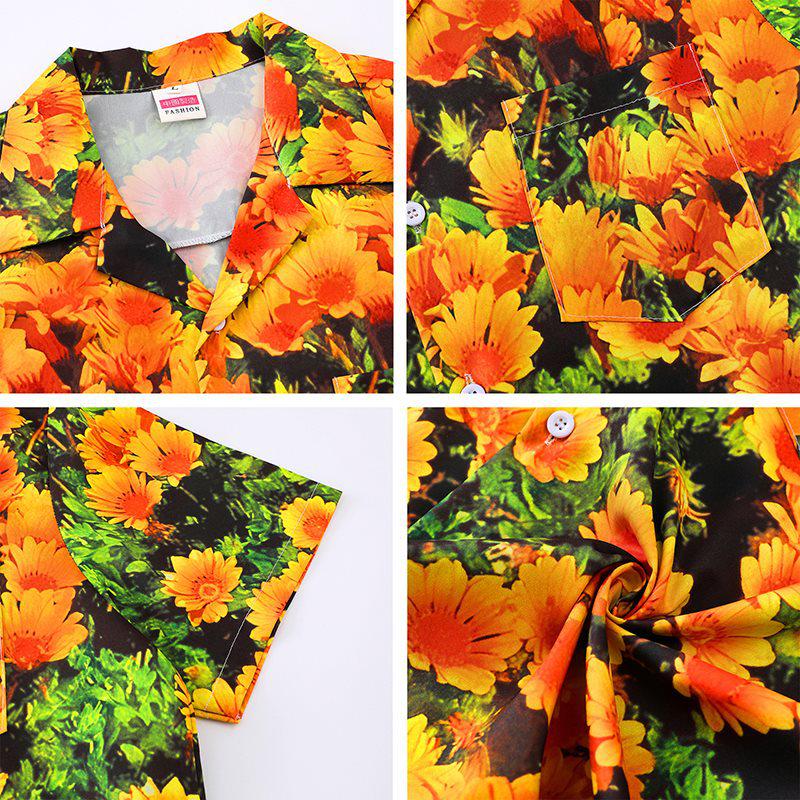 Retro Dark Green & Orange Chrysanthemum Cuban Collar Shirt