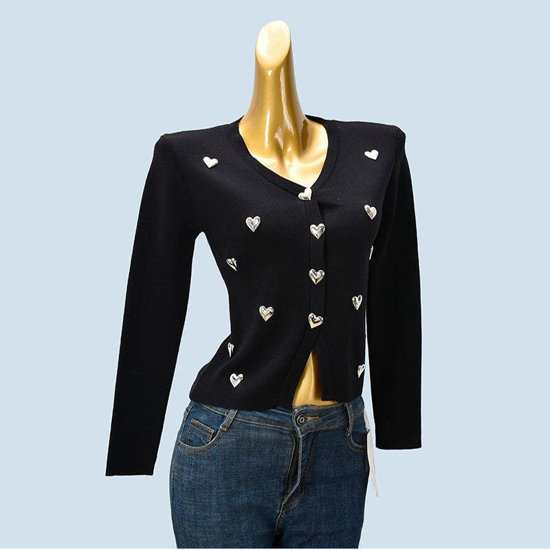 Spring New Elegant Gentle Sweet Heavy Industry Love V-neck Long sleeve Slim fit Cardigan Outerwear Knit Top