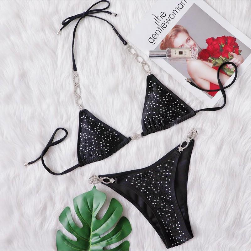 

Solid Color Crystal Embellished Strappy Bikini - Sexy Two-Piece Swimwear for Women Large чорний
