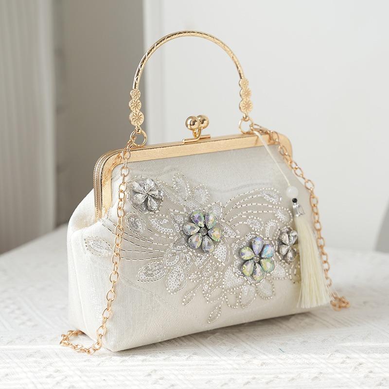 Pearl Embroidery Fashion Tote Bag Cheongsam Banquet Clutch Bag Chain Bag Embroidery Bead Bag Shoulder Bag Pearl Chain Bag
