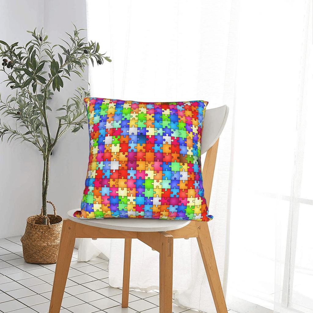 Rainbow Autism Awareness Puzzle Seamless Pattern Pillow Cover Design Cushion Cover Funny Pillow Case For Office Car Home Decor