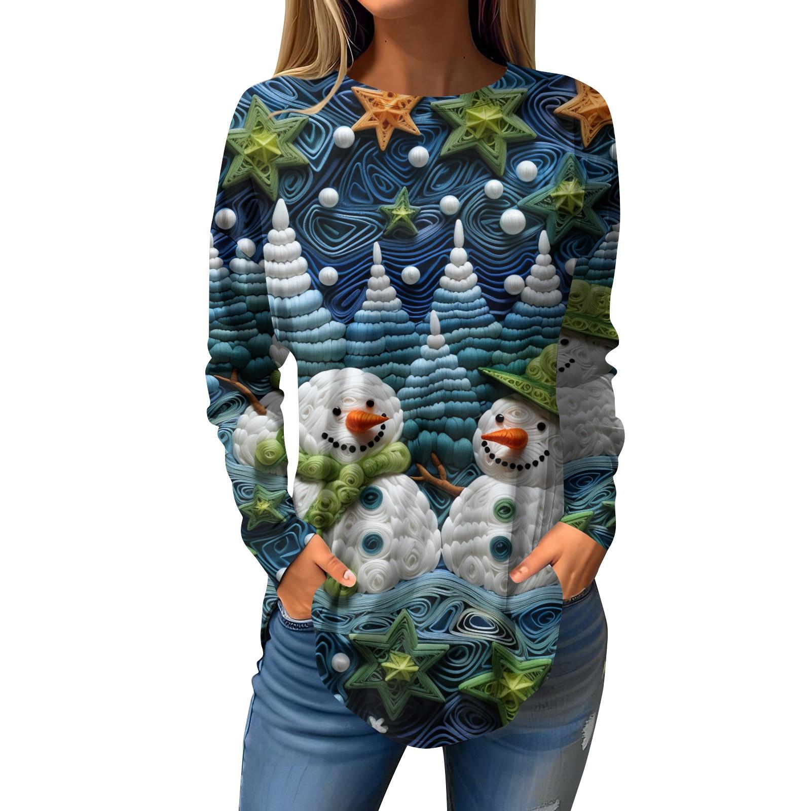 Женская свободная футболка с круглым вырезом и рождественским принтом — фото 9