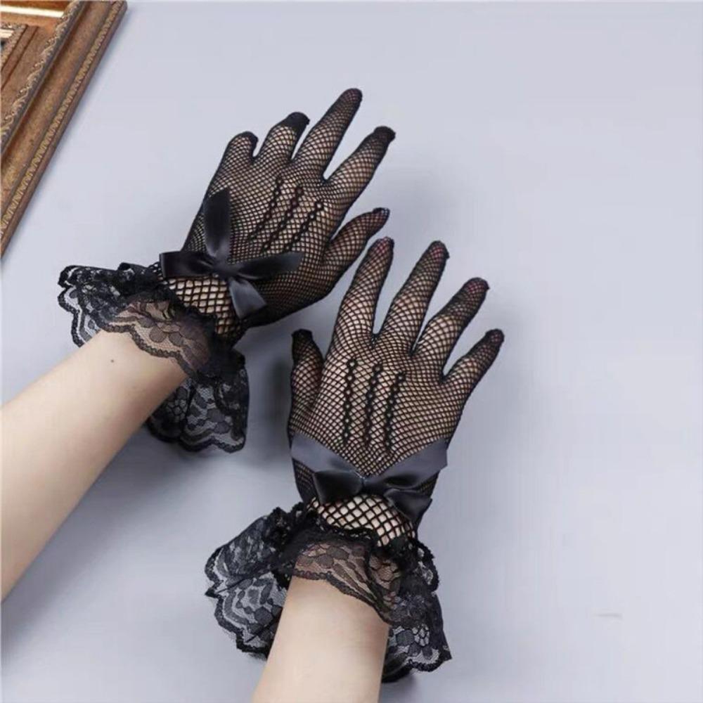 Xian Yi Lady Elastic Five-finger Fishing Net Hollow Bride Dance Bow Lace Gloves Perspective Mysterious Taste P8