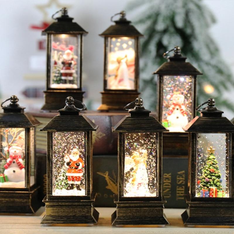 Christmas Snow Lantern Battery Operated LED Light Water Glittering Santa Snowman Hanging Night Lamp Holiday Decor